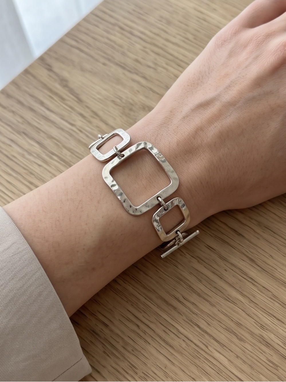 Modernist Hammered .925 Sterling Silver Geometric Link Bracelet 6”